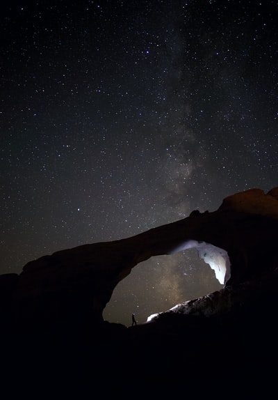 夜间站在岩石上的人的剪影照片